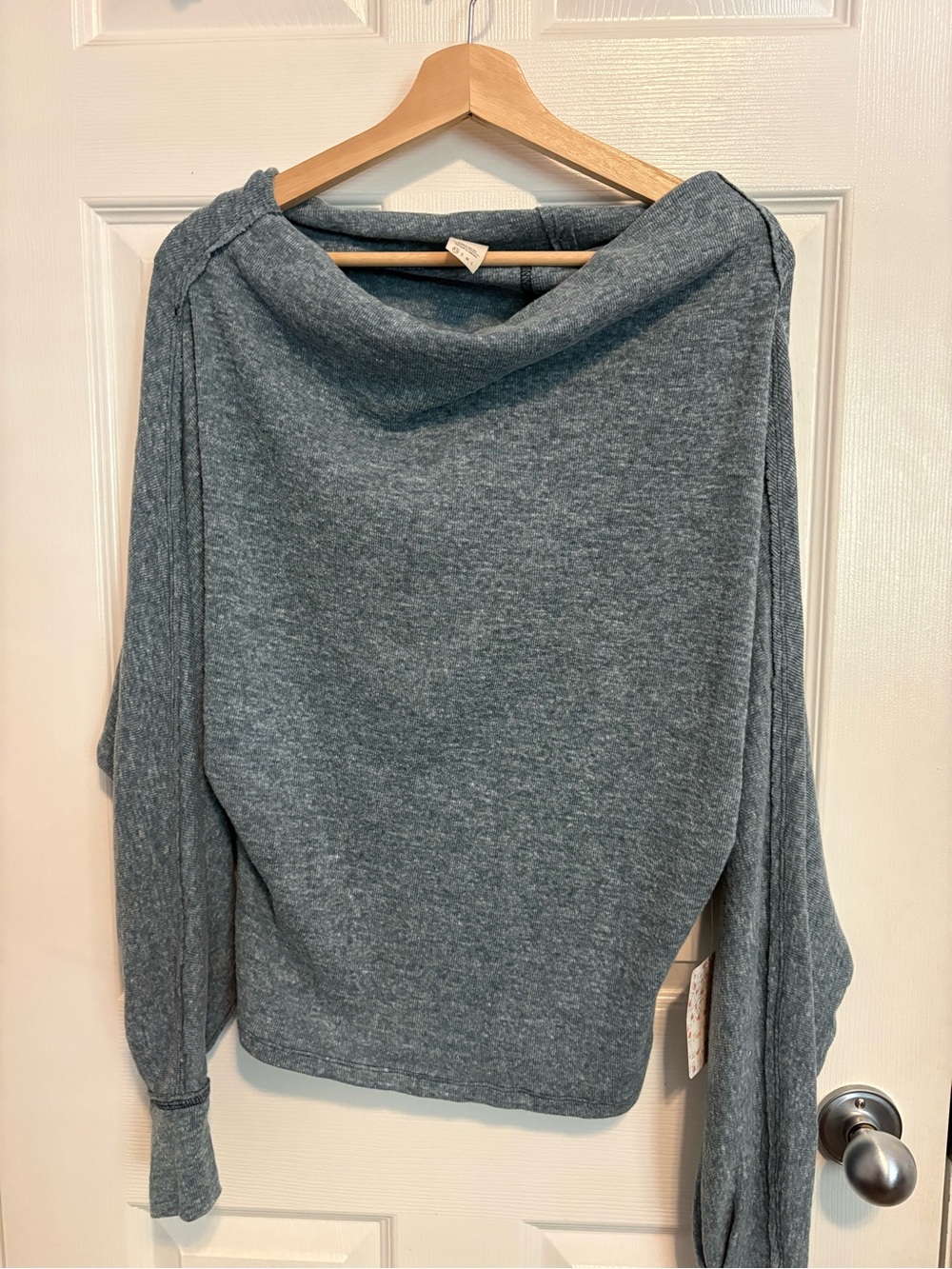 We the Free Skyline Thermal Cowl Off Shoulder Knit Sweater Heathered Blue Gray